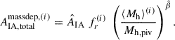 $$ \begin{aligned} A^{\mathrm{massdep},(i)}_{\rm IA,total} = \hat{A}_{\rm IA}\; f_r^{(i)}\; \left( \frac{\langle M_{\rm h} \rangle ^{(i)}}{M_{\rm h, piv}} \right)^{\hat{\beta }}. \end{aligned} $$