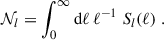$$ \begin{aligned} \mathcal{N}_l = \int _0^\infty \mathrm{d} \ell \, \ell ^{-1}\; S_l(\ell )\;. \end{aligned} $$