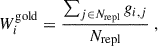 $$ \begin{aligned} W^\mathrm{gold}_i = { \sum _{j \in N_{\rm repl}} g_{i,j} \over N_{\rm repl} }\;, \end{aligned} $$