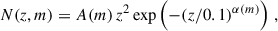 $$ \begin{aligned} N(z,m)=A(m) \, z^2 \exp {\left(-(z/0.1)^{\alpha (m)}\right)}\;, \end{aligned} $$