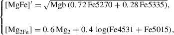 $$ \begin{cases} { \mathrm {[MgFe]}^\prime} =\sqrt{\mathrm {Mgb}\,(0.72\,\mathrm {Fe5270}+0.28\,\mathrm {Fe5335})},\\ \\ {[\mathrm {Mg}_{2\mathrm {Fe}}]} = 0.6\,\mathrm {Mg}_2+0.4\,\log (\mathrm {Fe4531}+\mathrm {Fe5015}), \end{cases} $$