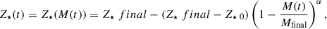 $$ \begin{aligned} Z_\star (t) = Z_\star (M(t)) = Z_\star \ final -\left(Z_\star \ final -Z_{\star \ 0}\right)\left(1-\frac{M(t)}{M_\mathrm{final} }\right)^\alpha , \end{aligned} $$