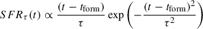 $ {{SFR}}_\tau(t)\propto\frac{(t-t_{\mathrm{form}})}{\tau}\exp\left(-\frac{(t-t_{\mathrm{form}})^2}{\tau^2}\right) $