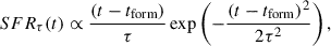 $$ \begin{aligned} SFR _\tau (t)\propto \frac{(t-t_{\mathrm{form} })}{\tau }\exp \left(-\frac{(t-t_{\mathrm{form} })^2}{2\tau ^2}\right) ,\end{aligned} $$