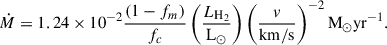 $$ \begin{aligned} \dot{M} = 1.24\times 10^{-2} \frac{(1 - f_m)}{f_c} \left(\frac{L_{\mathrm{H} _2}}{\mathrm{L} _{\odot }}\right) \left(\frac{v}{\mathrm{km} /\mathrm{s} }\right)^{-2} \mathrm{M} _{\odot } \mathrm{yr} ^{-1}.\end{aligned} $$