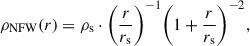 $$ \begin{aligned} \rho _{\rm NFW}(r) = \rho _{\rm s}\cdot \Bigg (\frac{r}{r_{\rm s}}\Bigg )^{-1}\Bigg (1+\frac{r}{r_{\rm s}}\Bigg )^{-2}, \end{aligned} $$