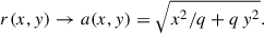 $$ \begin{aligned} r(x,y) \rightarrow a(x,y) = \sqrt{x^2/q + q\,y^2}. \end{aligned} $$