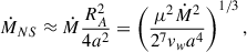 $$ \begin{aligned} \dot{M}_{NS}\approx \dot{M}\frac{R_{A}^2}{4a^2}=\left(\frac{\mu ^2\dot{M}^2}{2^7v_wa^4}\right)^{1/3}, \end{aligned} $$