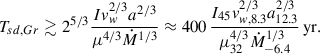 $$ \begin{aligned} T_{sd,Gr} \gtrsim 2^{5/3}\frac{I v_w^{2/3}a^{2/3}}{\mu ^{4/3}\dot{M}^{1/3}}\approx 400\,\frac{I_{45}v_{w,8.3}^{2/3}a_{12.3}^{2/3}}{\mu _{32}^{4/3}\dot{M}_{-6.4}^{1/3}}\,\mathrm{yr}. \end{aligned} $$
