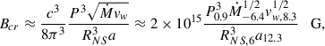 $$ \begin{aligned} B_{cr}\approx \frac{c^3}{8\pi ^3}\frac{P^3\sqrt{\dot{M}v_w}}{R_{NS}^3a} \approx 2\times 10^{15} \frac{P_{0.9}^3\dot{M}_{-6.4}^{1/2} v_{w,8.3}^{1/2}}{R_{NS,6}^{3} a_{12.3}} \quad \mathrm{G}, \end{aligned} $$
