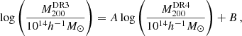 $$ \begin{aligned} \log \left(\frac{M_{200}^\mathrm{DR3}}{10^{14}h^{-1}M_\odot }\right) = A \log \left(\frac{M_{200}^\mathrm{DR4}}{10^{14}h^{-1}M_\odot }\right) + B\,, \end{aligned} $$