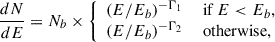 $$ \begin{aligned} \frac{dN}{dE} = N_b \times \left\{ \begin{array}{ll} (E/E_b)^{-\Gamma _1}&\text{ if}\ E < E_b,\\ (E/E_b)^{-\Gamma _2}&\text{ otherwise,} \end{array}\right. \end{aligned} $$