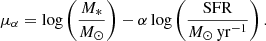 $$ \begin{aligned} \mu _{\alpha } = \log \left( \frac{M_*}{M_{\odot }} \right) - \alpha \log \left( \frac{\mathrm{SFR}}{M_{\odot }\,\mathrm{yr}^{-1}} \right). \end{aligned} $$