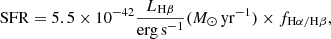 $$ \begin{aligned} \mathrm{SFR}=5.5\times 10^{-42}\frac{L_{\mathrm{H}{\beta }}}{\mathrm{erg\, s^{-1}}} (M_\odot \,\mathrm {yr}^{-1})\times f_{\rm H{\alpha }/\mathrm{H}{\beta }}, \end{aligned} $$