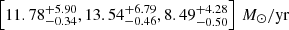 $ \left[11.78^{+5.90}_{-0.34},13.54^{+6.79}_{-0.46}, 8.49^{+4.28}_{-0.50}\right]\,M_\odot/\mathrm{yr} $