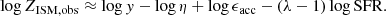 $$ \begin{aligned} \log Z_{\rm ISM,obs}\approx \log { y}-\log \eta +\log \epsilon _{\rm acc}-(\lambda -1)\log \mathrm{SFR}. \end{aligned} $$
