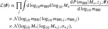 $$ \begin{aligned} \begin{aligned}&\mathcal{L} (\boldsymbol{\theta }) \propto \prod _j \! \int \!\mathrm{d} \log _{10} \!m_{\rm BH} \mathrm{d} \log _{10} M_* \frac{\mathrm{d} P(m_{\rm BH}|M_*,z_j,\boldsymbol{\theta })}{\mathrm{d} \log _{10} m_{\rm BH}}\\&\qquad \times \mathcal{N} (\log _{10} m_{\rm BH} | \log _{10} m_{\mathrm{BH},j}, \sigma _{\mathrm{BH},j})\\&\qquad \times \mathcal{N} (\log _{10} M_*|\log _{10} M_{*,j},\sigma _{*,j}) , \end{aligned} \end{aligned} $$