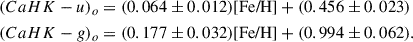 $$ \begin{aligned} (CaHK-u)_{o}&= (0.064\pm 0.012)\text{[Fe/H]} + (0.456\pm 0.023)\nonumber \\ (CaHK-g)_{o}&= (0.177\pm 0.032)\text{[Fe/H]} + (0.994\pm 0.062). \end{aligned} $$