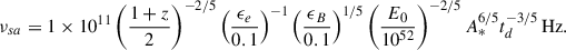 $$ \begin{aligned} \nu _{sa} = 1\times 10^{11} \left(\frac{1+z}{2} \right)^{-2/5} \left(\frac{\epsilon _e}{0.1} \right)^{-1} \left(\frac{\epsilon _B}{0.1} \right)^{1/5} \left(\frac{E_0}{10^{52}} \right)^{-2/5} A_*^{6/5} t_d^{-3/5}\,\mathrm{Hz}. \end{aligned} $$