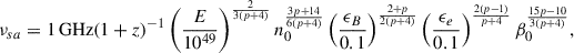 $$ \begin{aligned} \nu _{sa} = 1 \,\mathrm {GHz} (1+z)^{-1}\left(\frac{E}{10^{49}}\right)^{\frac{2}{3(p+4)}}n_0^{\frac{3p+14}{6(p+4)}}\left(\frac{\epsilon _B}{0.1}\right)^{\frac{2+p}{2(p+4)}}\left(\frac{\epsilon _e}{0.1}\right)^{\frac{2(p-1)}{p+4}}\beta _0^{\frac{15p-10}{3(p+4)}}, \end{aligned} $$