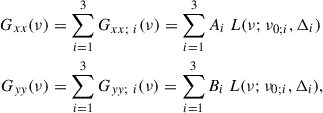 $$ \begin{aligned} G_{xx} (\nu )&= \sum _{i = 1}^3 G_{xx;\ i} (\nu ) = \sum _{i = 1}^3 A_i \ L(\nu ; \nu _{0;i}, \Delta _i)\nonumber \\ G_{yy} (\nu )&= \sum _{i = 1}^3 G_{yy; \ i} (\nu ) = \sum _{i = 1}^3 B_i \ L(\nu ; \nu _{0;i}, \Delta _i), \end{aligned} $$