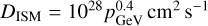 ${D_{{\rm{ISM}}}} = {10^{28}}\,p_{{\rm{GeV}}}^{0.4}\,{\rm{c}}{{\rm{m}}^2}\,{{\rm{s}}^{ - 1}}$