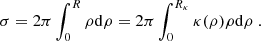 $$ \begin{aligned} \sigma = 2\pi \int _0^R \rho \mathrm{d}\rho = 2\pi \int _0^{R_{\kappa }} \kappa (\rho )\rho \mathrm{d}\rho ~. \end{aligned} $$