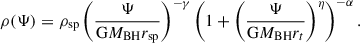 $$ \begin{aligned} \rho (\Psi ) = \rho _{\rm sp}\left(\frac{\Psi }{ \mathrm{G} M_{\rm BH}r_{\rm sp}}\right)^{-\gamma } \left(1+\left(\frac{\Psi }{\mathrm{G} M_{\rm BH} r_t }\right)^{{\eta }}\right)^{-\alpha } . \end{aligned} $$