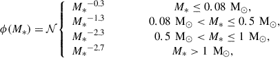 $$ \begin{aligned} \phi (M_*) = \mathcal{N} {\left\{ \begin{array}{ll} {M_*}^{-0.3}\,\,\,\,\,\,\,\,\,\,\,\,\,\,\,\,\,\,\,\,\,\,\,\,\,\,\,\,\,\,\,\,\,\,\,\, M_* \le 0.08\,\text{ M}_{\odot },\\ {M_*}^{-1.3} \,\,\,\,\,\,\,\,\,\,\,\,\,\,\,\,\,\,\,\,\,\,\, 0.08\,\text{ M}_{\odot }< M_* \le 0.5\,\text{ M}_{\odot },\\ {M_*}^{-2.3} \,\,\,\,\,\,\,\,\,\,\,\,\,\,\,\,\,\,\,\,\,\,\,\,\,\, 0.5\,\text{ M}_{\odot } < M_* \le 1\,\text{ M}_{\odot },\\ {M_*}^{-2.7}\,\,\,\,\,\,\,\,\,\,\,\,\,\,\,\,\,\,\,\,\,\,\,\,\,\,\,\,\,\,\,\,\,\,\,M_*>1\,\text{ M}_\odot , \end{array}\right.} \end{aligned} $$
