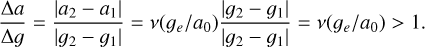 \frac{\Delta a}{\Delta g} = \frac{|a_2-a_1|}{|g_2-g_1|} =\nu(g_e/a_0)\frac{|g_2-g_1|}{|g_2-g_1|} = \nu(g_e/a_0)>1.