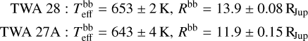 $\[\begin{aligned}\mathrm{TWA} ~28: T_{\mathrm{eff}}^{\mathrm{bb}} & =653 \pm 2 \mathrm{~K}, R^{\mathrm{bb}}=13.9 \pm 0.08 ~\mathrm{R}_{\mathrm{Jup}} \\\mathrm{TWA} ~27 \mathrm{A}: T_{\mathrm{eff}}^{\mathrm{bb}} & =643 \pm 4 \mathrm{~K}, R^{\mathrm{bb}}=11.9 \pm 0.15 ~\mathrm{R}_{\mathrm{Jup}}\end{aligned}\]$