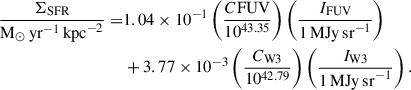 $$ \begin{aligned} \begin{aligned} \frac{\Sigma _{\mathrm{SFR}}}{\mathrm{M}_\odot \,{\mathrm{yr}}^{-1}\,{\mathrm{kpc}}^{-2}}=&1.04\times 10^{-1}\left(\frac{C{\mathrm{FUV}}}{10^{43.35}}\right)\left(\frac{I_{\mathrm{FUV}}}{1\,\mathrm{MJy\,sr}^{-1}}\right)\\ &+3.77\times 10^{-3}\left(\frac{C_{\mathrm{W3}}}{10^{42.79}}\right)\left(\frac{I_{\mathrm{W3}}}{1\,\mathrm{MJy\,sr}^{-1}}\right) .\end{aligned} \end{aligned} $$