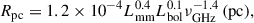 $$ \begin{aligned} R_{\rm pc} = 1.2\times 10^{-4} L_{\rm mm}^{0.4} L_{\rm bol}^{0.1} \nu _{\rm GHz}^{-1.4} \,\mathrm{(pc)}, \end{aligned} $$