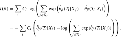 $$ \begin{aligned} l(\beta )&= \sum _i C_i\ {\log } \left(\sum _{j \in \mathcal{R} _i} {\exp } \left(\hat{\theta }_\beta (T_i | X_j) - \hat{\theta }_\beta (T_i | X_i)\right)\right)\nonumber \\&= - \sum _i C_i \left(\hat{\theta }_\beta (T_i | X_i) - {\log } \left(\sum _{j \in \mathcal{R} _i} {\exp }(\hat{\theta }_\beta (T_i | X_j))\right)\right). \end{aligned} $$