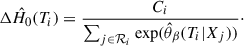 $$ \begin{aligned} \Delta \hat{H}_0(T_i) = \frac{C_i}{\sum _{j \in \mathcal{R} _i} {\exp } (\hat{\theta }_{\beta } (T_i|X_j))}\cdot \end{aligned} $$