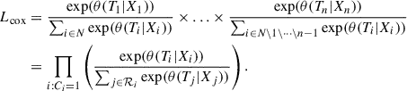 $$ \begin{aligned} L_{\rm cox}&= \frac{{\exp }(\theta (T_1|X_1))}{\sum _{i \in N} {\exp } (\theta (T_i|X_i))} \times \ldots \times \frac{{\exp }(\theta (T_n|X_n))}{\sum _{i \in N \setminus 1 \setminus \dots \setminus n-1} {\exp } (\theta (T_i|X_i))}\nonumber \\&= \prod _{i: C_i=1} \left(\frac{{\exp }(\theta (T_i|X_i))}{\sum _{j \in \mathcal{R} _i} {\exp } (\theta (T_j|X_j))}\right). \end{aligned} $$