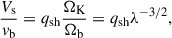 $$ \begin{aligned} \frac{V_{\rm s}}{v_{\rm b}}&= q_{\text{sh}} \frac{\Omega _{\rm K}}{\Omega _{\rm b}} = q_{\text{sh}} \lambda ^{-3/2}, \end{aligned} $$