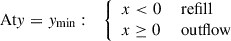 $$ \text{ At} { y} = { y}_{\rm min}: \quad {\left\{ \begin{array}{ll} x < 0&\text{ refill} \\ x \ge 0&\text{ outflow} \end{array}\right.} $$
