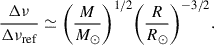 $$ \begin{aligned} \frac{\Delta \nu }{\Delta \nu _{\rm ref}} \simeq \bigg (\frac{M}{M_{\odot }}\bigg )^{1/2} \bigg (\frac{R}{R_{\odot }}\bigg )^{-3/2}. \end{aligned} $$