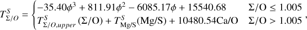 $T_{\rm{C}}^{\rm{O}} = {f_{lower}}\left( {{\rm{\Gamma /O}}} \right)\,\cdot\,\left( {1 - t\left( {{\rm{C/O}}} \right)} \right) + {f_{upper}}\left( {{\rm{\Gamma /O}}} \right)\,\cdot\,t\left( {{\rm{C/O}}} \right) + T_M^O\left( M \right) - T_M^O\left( {{M_ \odot }} \right).$