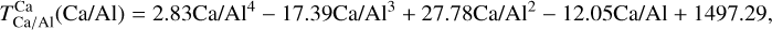 $T_{{\rm{Ca/Al}}}^{{\rm{Ca}}}\left( {{\rm{Ca/Al}}} \right) = 2.83{\rm{Ca/A}}{{\rm{l}}^4} - 17.39{\rm{Ca/A}}{{\rm{l}}^3} + 27.78{\rm{Ca/A}}{{\rm{l}}^2} - 12.05{\rm{Ca/Al}} + 1497.29,$