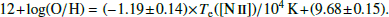 $$ \begin{aligned} 12+\mathrm{log(O/H)} = (-1.19\pm 0.14) \times T_{\rm e}([\mathrm{N}\,ii ])/10^4\,\mathrm{K} + (9.68\pm 0.15). \end{aligned} $$