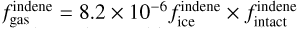 $f_{\mathrm{gas}}^{\mathrm{indene}}=8.2\times 10^{-6} f_{\mathrm{ice}}^{\mathrm{indene}}\times f_{\mathrm{intact}}^{\mathrm{indene}}$
