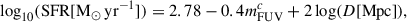 $$ \begin{aligned} \log _{10}(\mathrm{SFR} [\mathrm{M}_\odot \,\mathrm{yr}^{-1}]) = 2.78 - 0.4 m^c_{\rm FUV} + 2\log (D [\mathrm{Mpc}]), \end{aligned} $$
