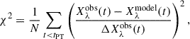 $$ \begin{aligned} \chi ^2 = \frac{1}{N}\sum \limits _{t < t_{\rm PT}} \left(\frac{X^{\mathrm{obs} }_\lambda (t) - X^{\mathrm{model} }_\lambda (t)}{\Delta X^{\mathrm{obs} }_\lambda (t)}\right)^2, \end{aligned} $$