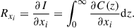 $$ \begin{aligned} R_{x_i} = \frac{\partial I}{\partial x_i} = \int _0^{\infty }\frac{\partial C(z)}{\partial x_i}\mathrm{d}z. \end{aligned} $$