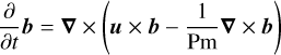 $\frac{\partial}{\partial t} \boldsymbol{b}=\boldsymbol{\nabla} \times\left(\boldsymbol{u} \times \boldsymbol{b}-\frac{1}{\mathrm{Pm}} \boldsymbol{\nabla} \times \boldsymbol{b}\right)$