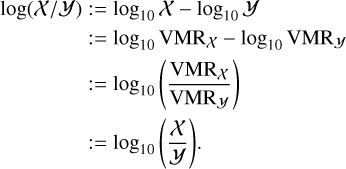 \begin{aligned} \log(\mathcal{X}/\mathcal{Y}) &:= \log_{10} \mathcal{X} - \log_{10} \mathcal{Y} \nonumber \\ &:= \log_{10} \mathrm{VMR}_\mathcal{X} - \log_{10} \mathrm{VMR}_\mathcal{Y} \nonumber \\ &:= \log_{10} \left( \frac{\mathrm{VMR}_\mathcal{X}}{\mathrm{VMR}_\mathcal{Y}} \right) \nonumber \\ &:= \log_{10} \left( \frac{\mathcal{X}}{\mathcal{Y}} \right)\!. \end{aligned}