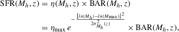 $$ \begin{aligned} \begin{split} \mathrm{SFR}(M_h, z)&= \eta (M_h, z) \times \mathrm{BAR}(M_h, z) \\&= \eta _{\rm max} \, e^{- \frac{\left[ ln(M_h) - ln(M_{\rm max}) \right]^2}{2\sigma ^2_{M_h}(z)}} \times \mathrm{BAR}(M_h, z), \end{split} \end{aligned} $$