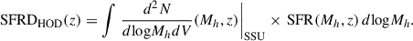 $$ \begin{aligned} \mathrm{SFRD}_{\rm HOD}(z) = \int \left.\frac{d^2N}{d\mathrm{log}M_h dV}(M_h, z)\right|_{\rm SSU} \times \, \mathrm{SFR}(M_h,z) \, d\mathrm{log}M_h. \end{aligned} $$
